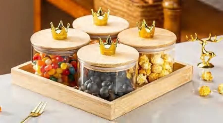 Kit 5 Potes de Vidro com Tampa de Bambu e Bandeja