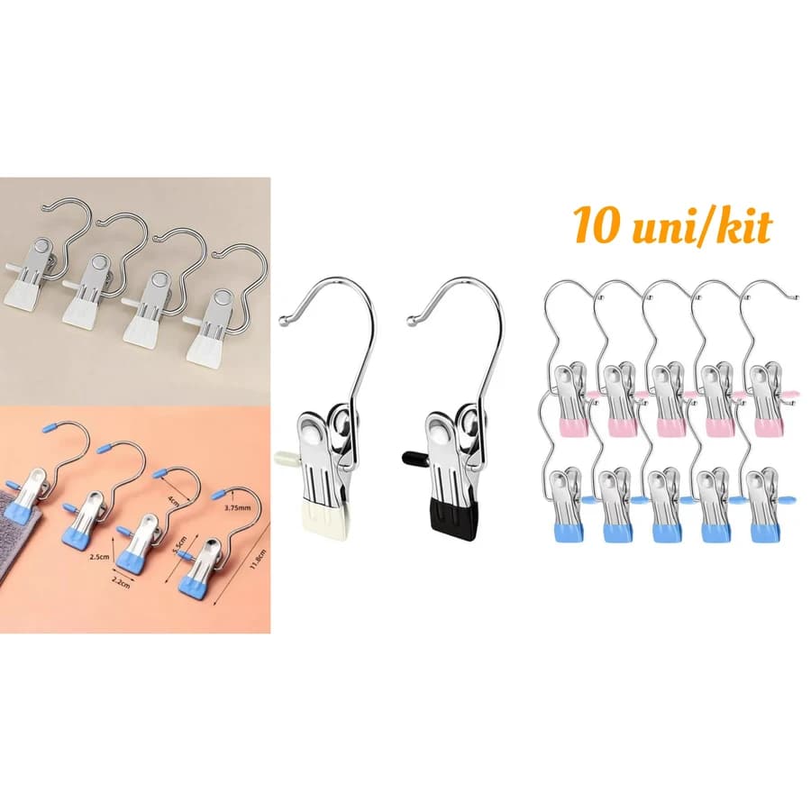 Kit c/ 10 Clipes de Cabide (Azul/Cinza/Rosa/Preto)